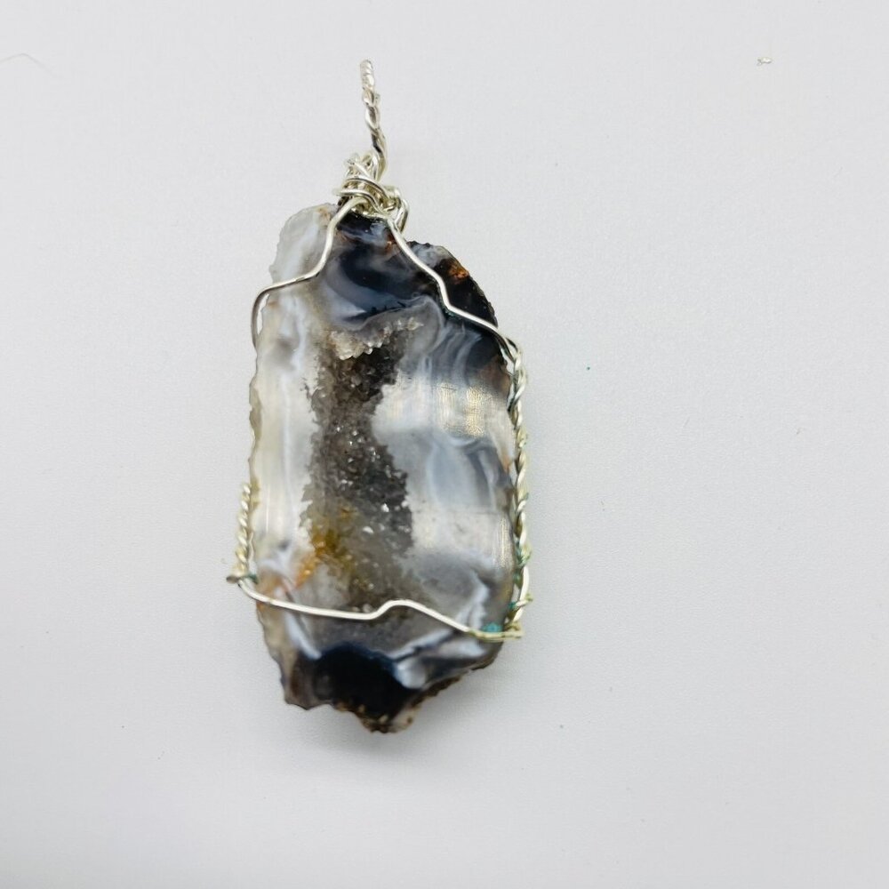 Natural Stone Slice Pendant Wire Wrapped Silver Tone